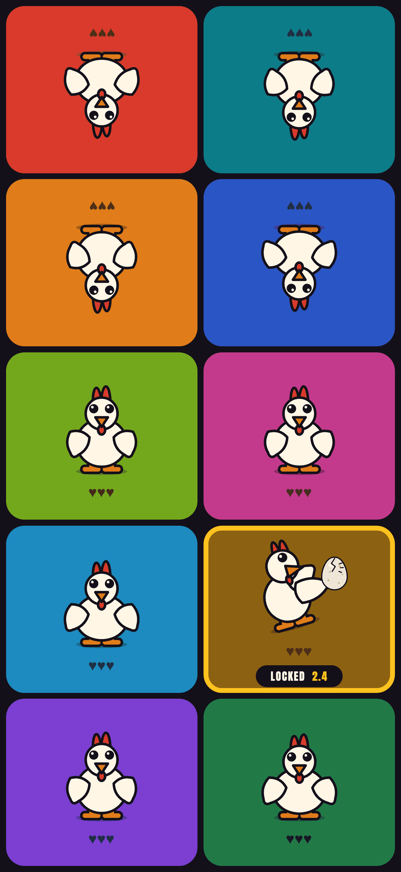 A Chicken Fuse board with ten player zones, each holding a chicken
