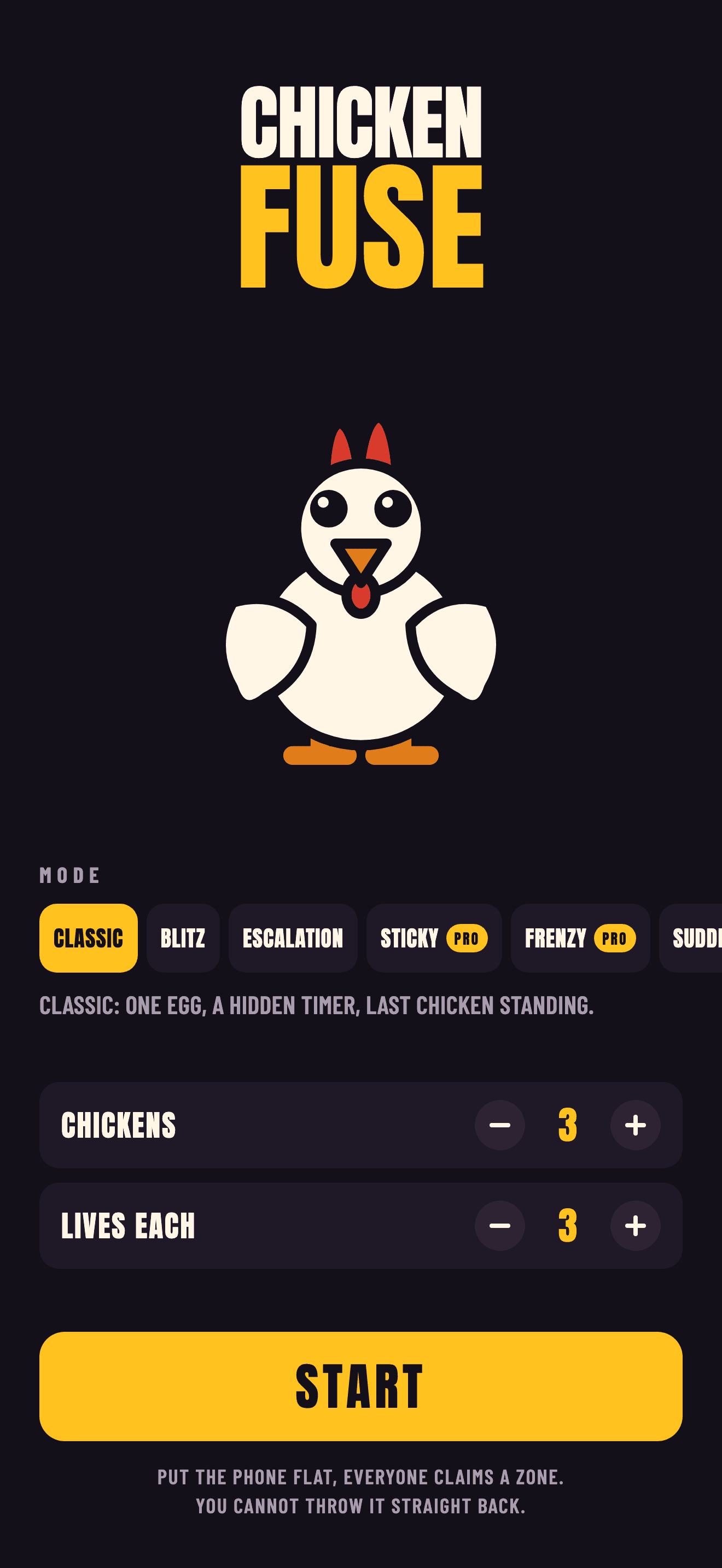 The Chicken Fuse menu, choosing the number of chickens and a game mode