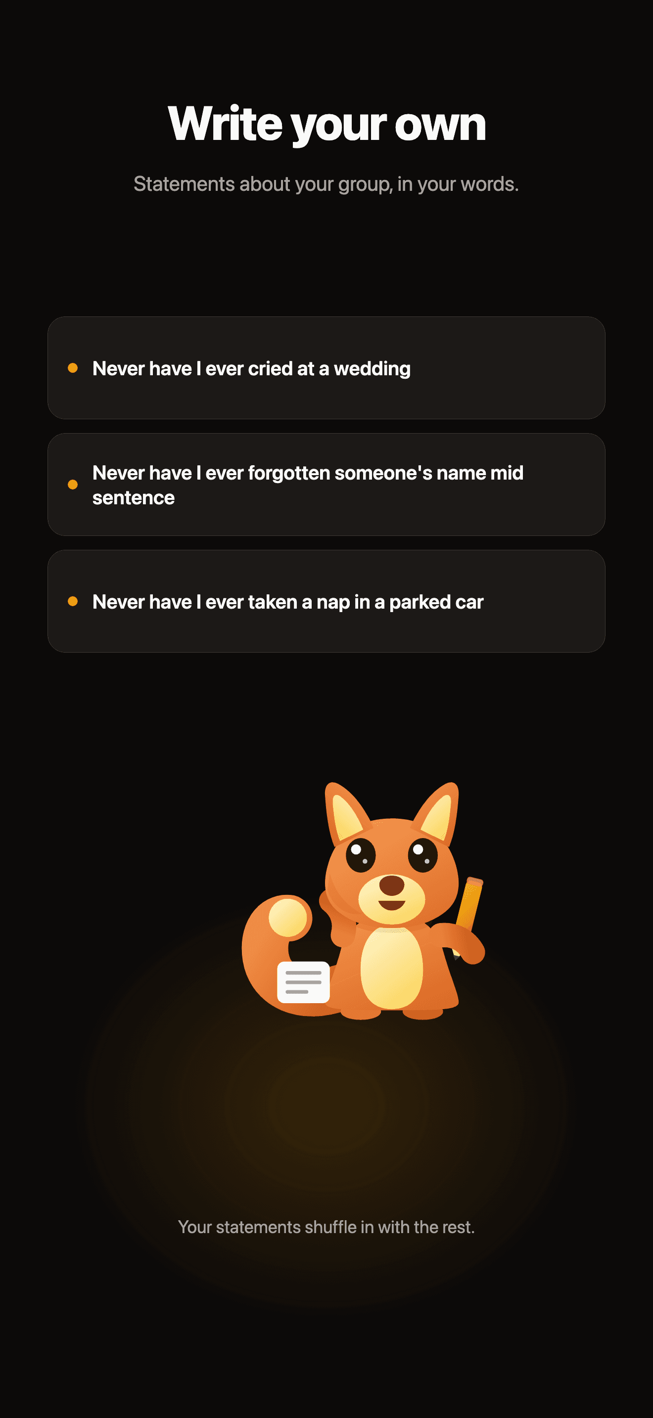Never Have I Ever custom statements editor on the phone