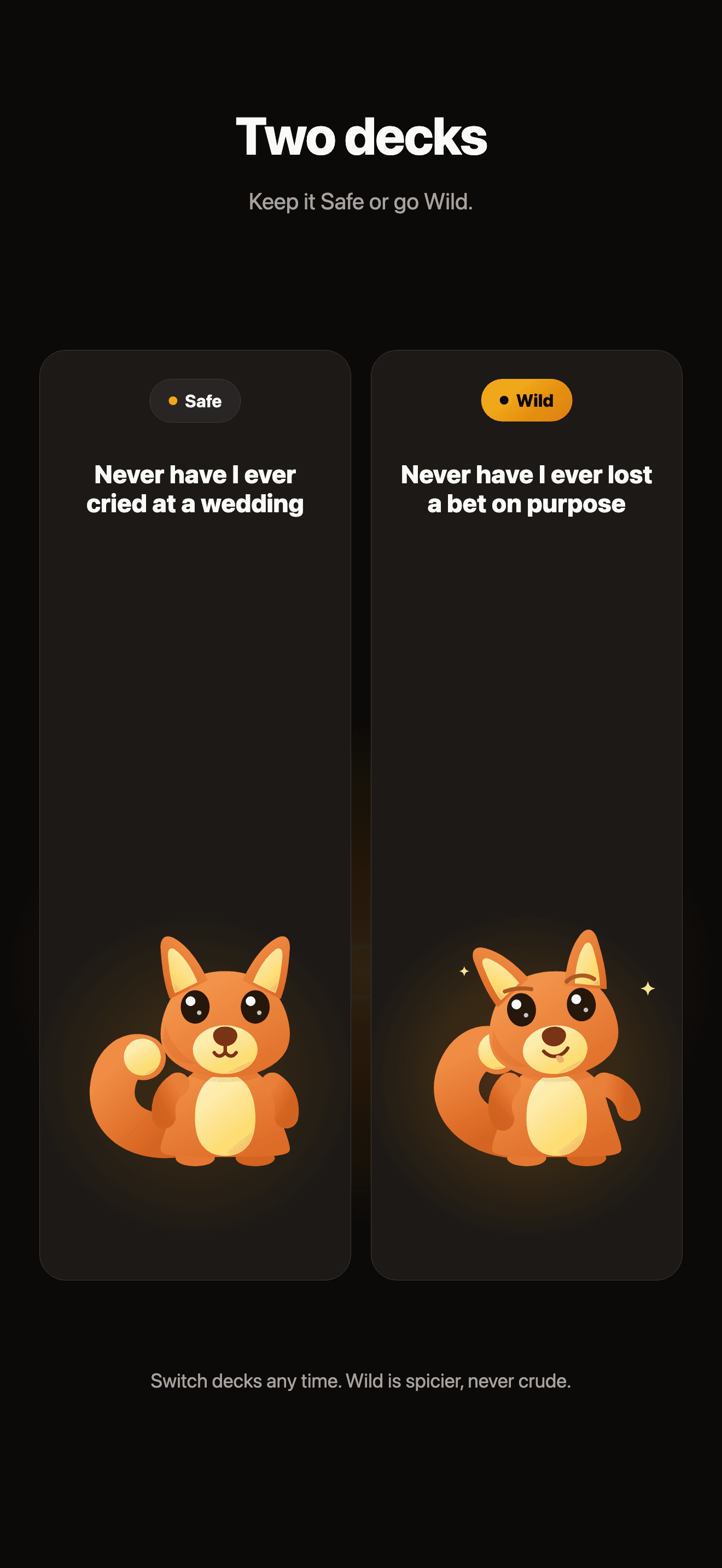 Never Have I Ever settings with categories, language, and Premium
