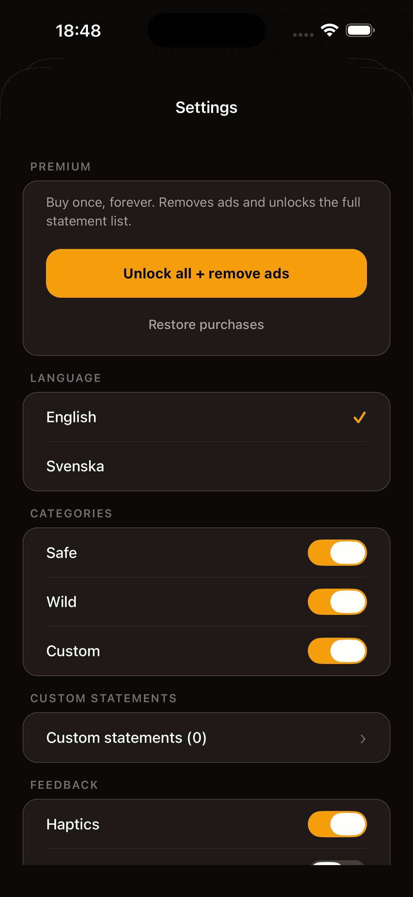 Never Have I Ever settings with categories, language, and Premium