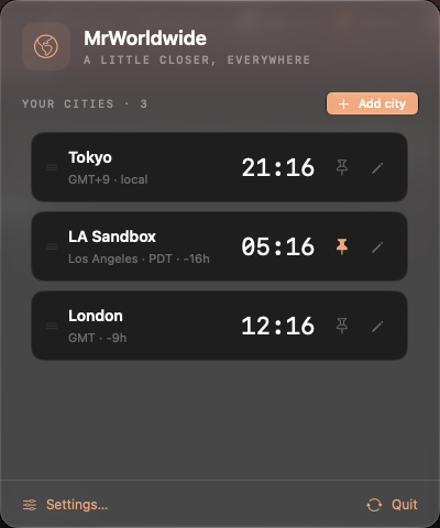 MrWorldwide's actual Mac panel with Tokyo, London, and a pinned Los Angeles clock named LA Sandbox, plus Add city and Settings controls.