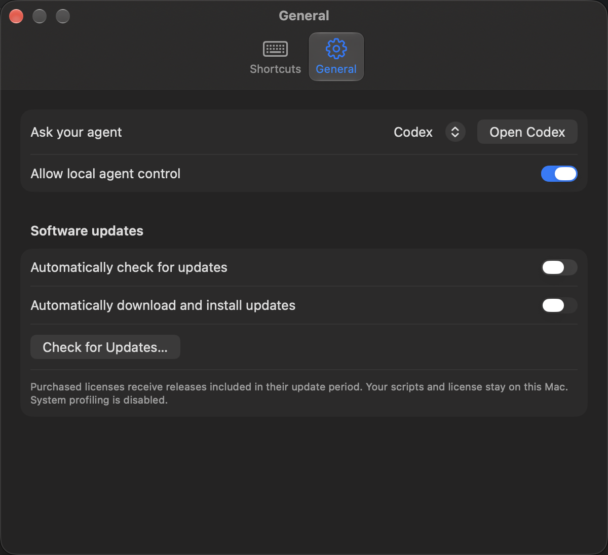 Talk a Lot General settings with the compact Ask your agent selector and Open Codex button.
